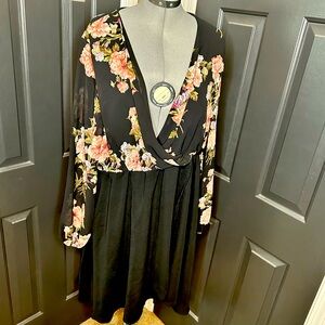 SHEIN Plus Floral Print Lantern Sleeve Belted Dress